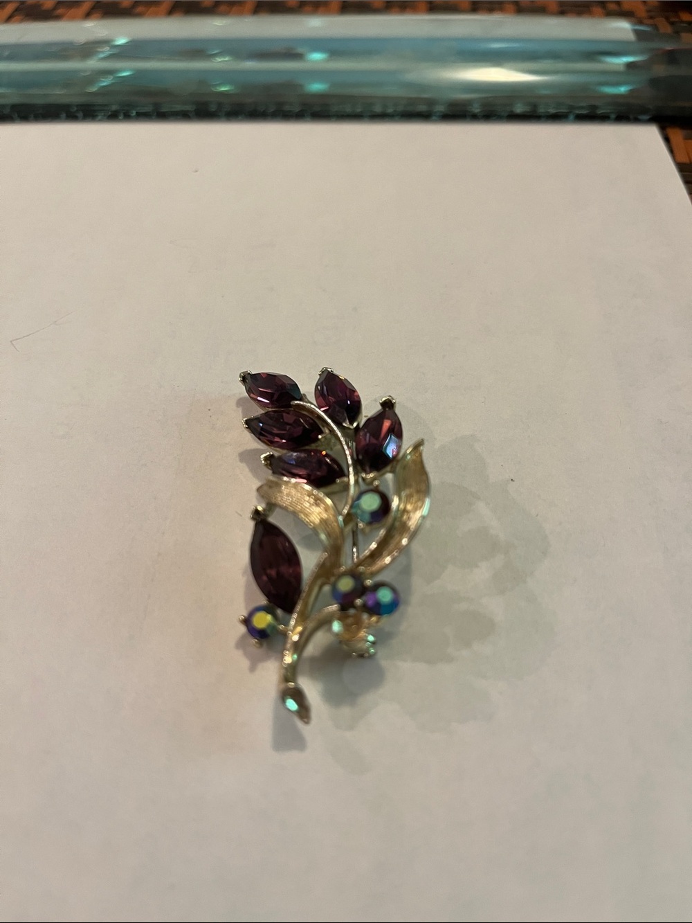 Vintage-Inspired signed Purple Crystal Leaf Brooch